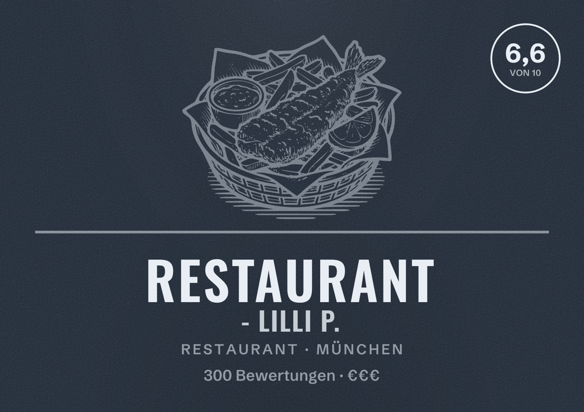 Illustriertes Poster von Restaurant - Lilli P., Restaurant in München: Bewertung 6,6 von 10 aus 300 Bewertungen, Preisniveau €€€