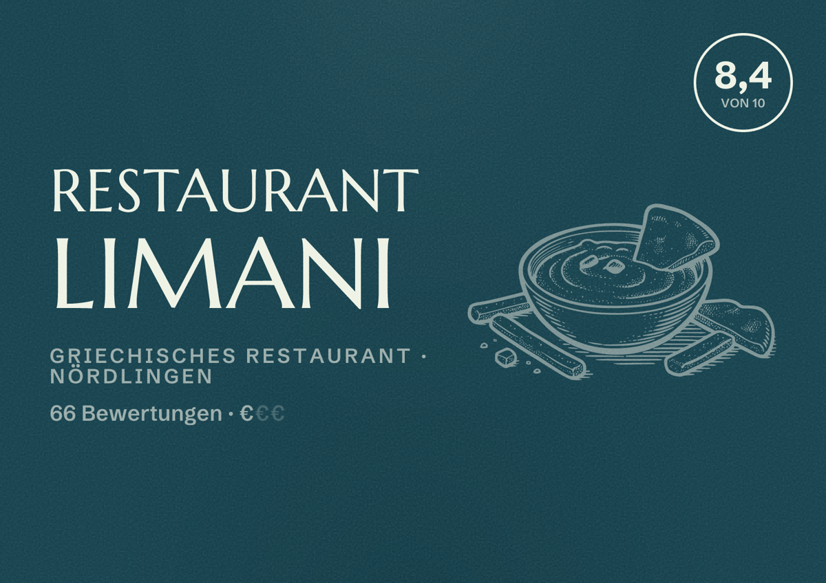 Illustriertes Poster von Restaurant Limani, Griechisches Restaurant in Nördlingen: Bewertung 8,4 von 10 aus 66 Bewertungen, Preisniveau €
