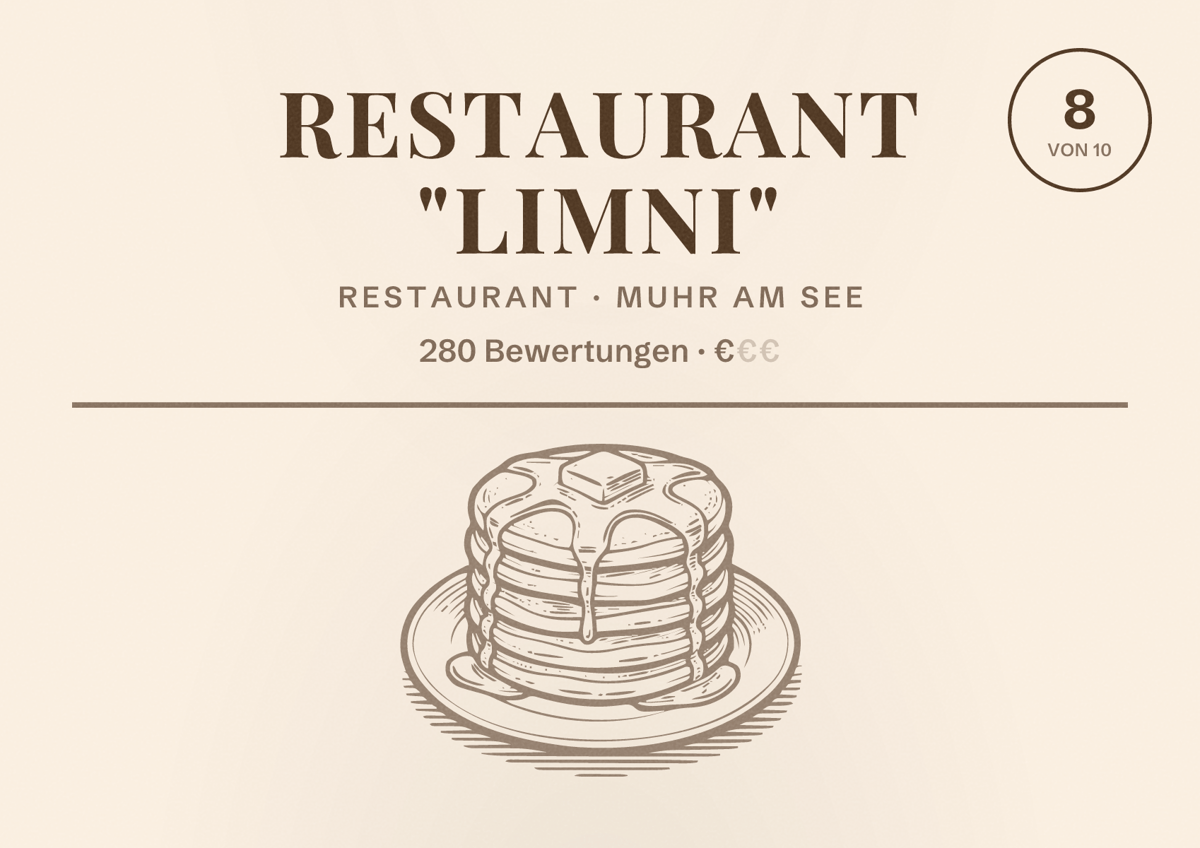 Illustriertes Poster von Restaurant "Limni", Restaurant in Muhr am See: Bewertung 8 von 10 aus 280 Bewertungen, Preisniveau €