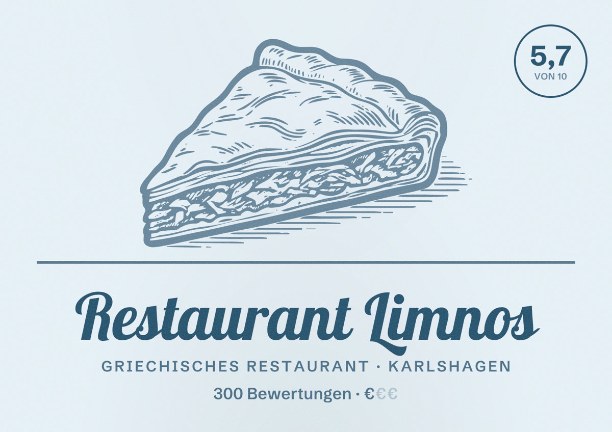 Illustriertes Poster von Restaurant Limnos, Griechisches Restaurant in Karlshagen: Bewertung 5,7 von 10 aus 300 Bewertungen, Preisniveau €