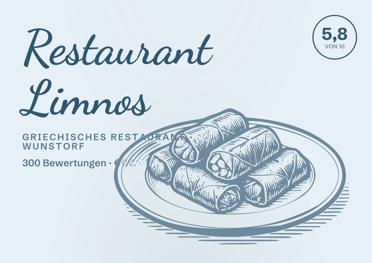Illustriertes Poster von Restaurant Limnos, Griechisches Restaurant in Wunstorf: Bewertung 5,8 von 10 aus 300 Bewertungen, Preisniveau €