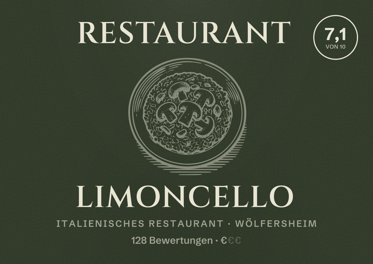 Illustriertes Poster von Restaurant Limoncello, Italienisches Restaurant in Wölfersheim: Bewertung 7,1 von 10 aus 128 Bewertungen, Preisniveau €