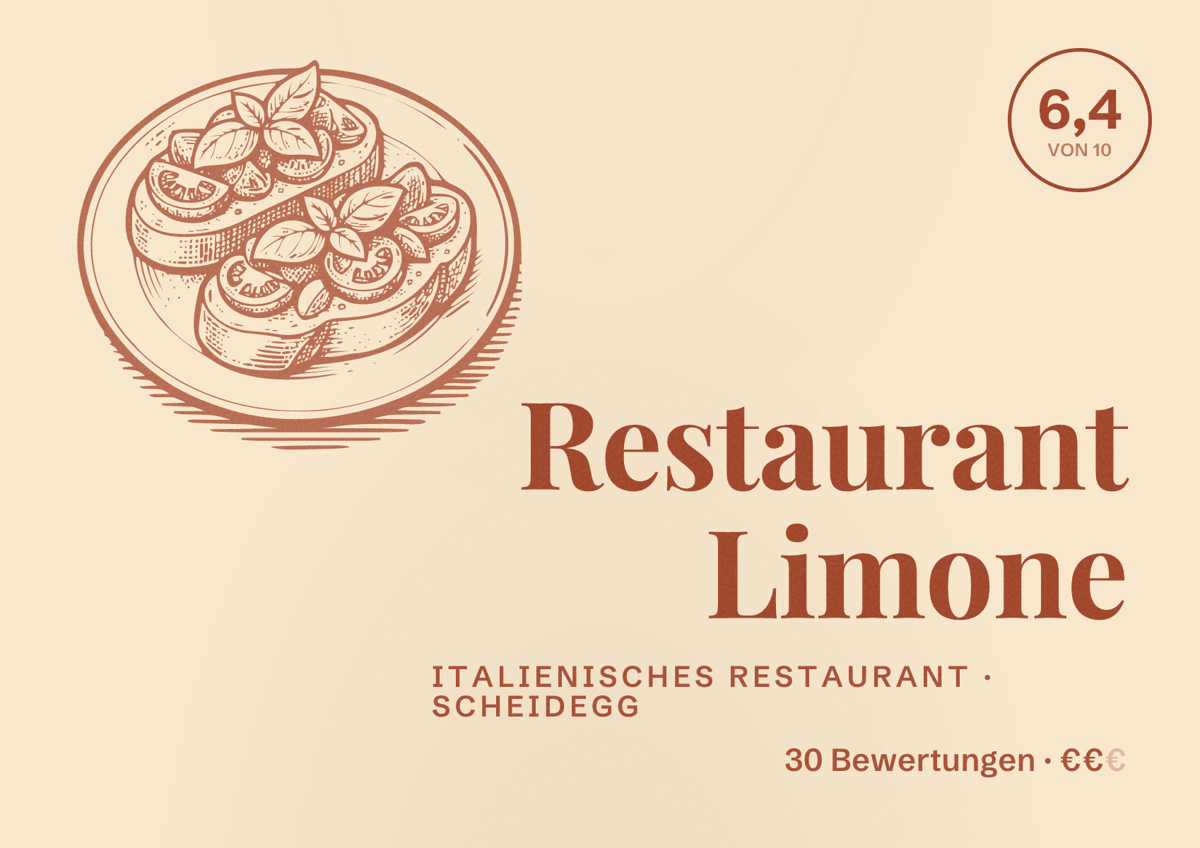 Illustriertes Poster von Restaurant Limone, Italienisches Restaurant in Scheidegg: Bewertung 6,4 von 10 aus 30 Bewertungen, Preisniveau €€