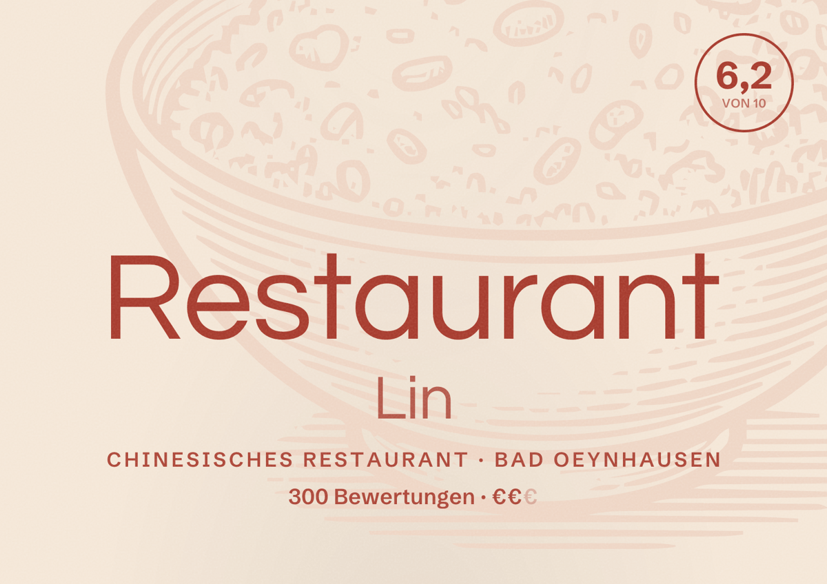 Illustriertes Poster von Restaurant Lin, Chinesisches Restaurant in Bad Oeynhausen: Bewertung 6,2 von 10 aus 300 Bewertungen, Preisniveau €€