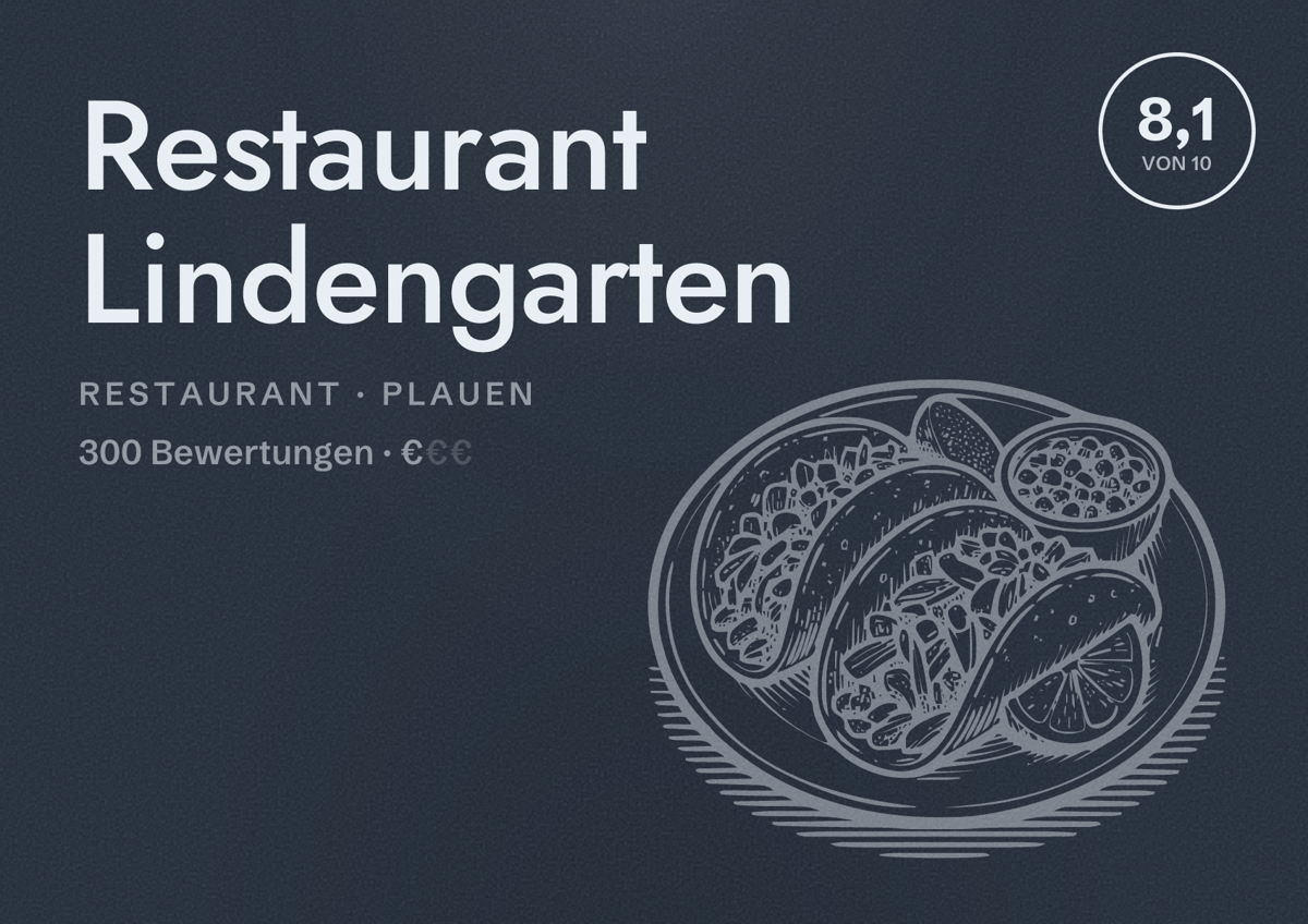 Illustriertes Poster von Restaurant Lindengarten, Restaurant in Plauen: Bewertung 8,1 von 10 aus 300 Bewertungen, Preisniveau €