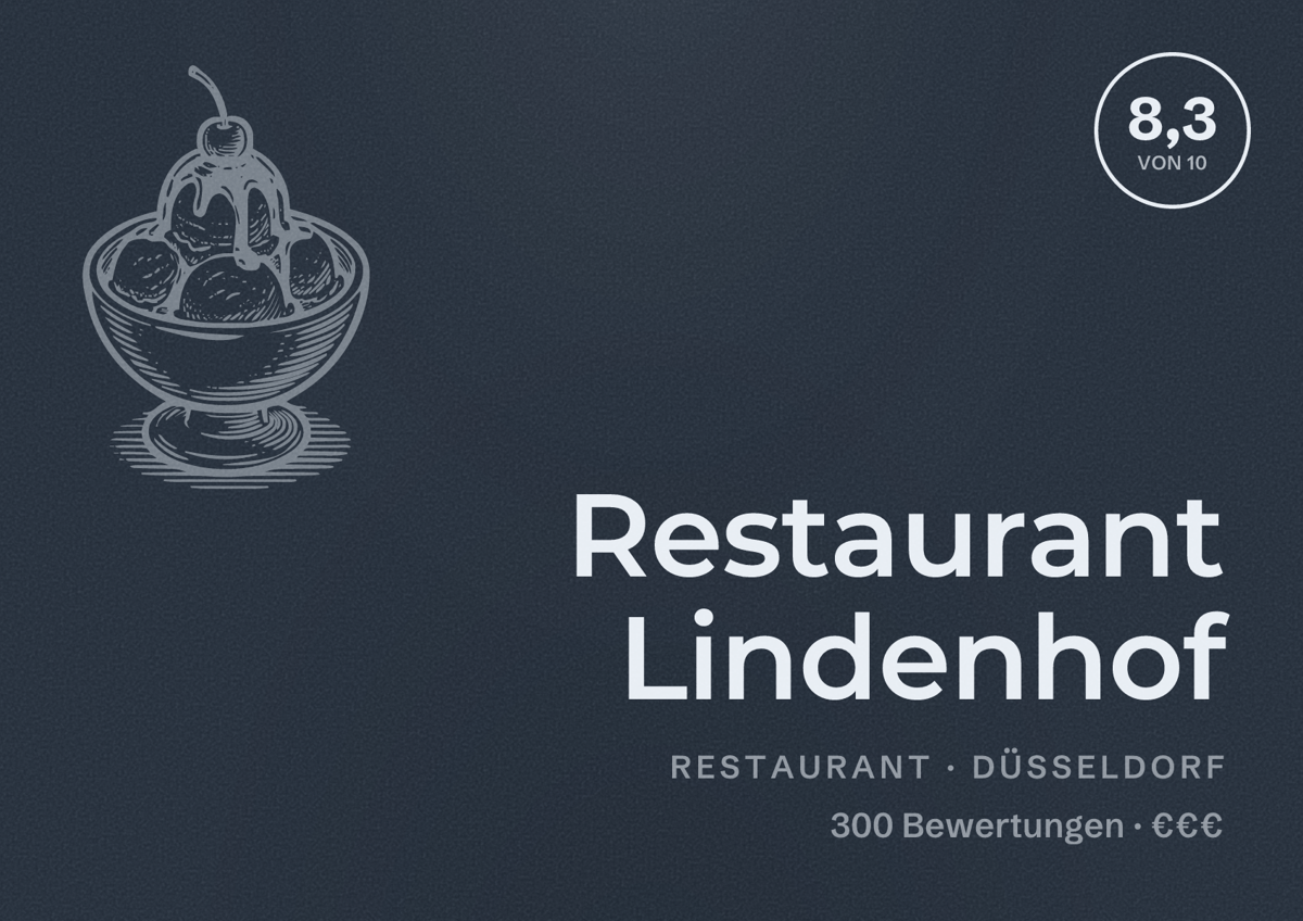 Illustriertes Poster von Restaurant Lindenhof, Restaurant in Düsseldorf: Bewertung 8,3 von 10 aus 300 Bewertungen, Preisniveau €€€