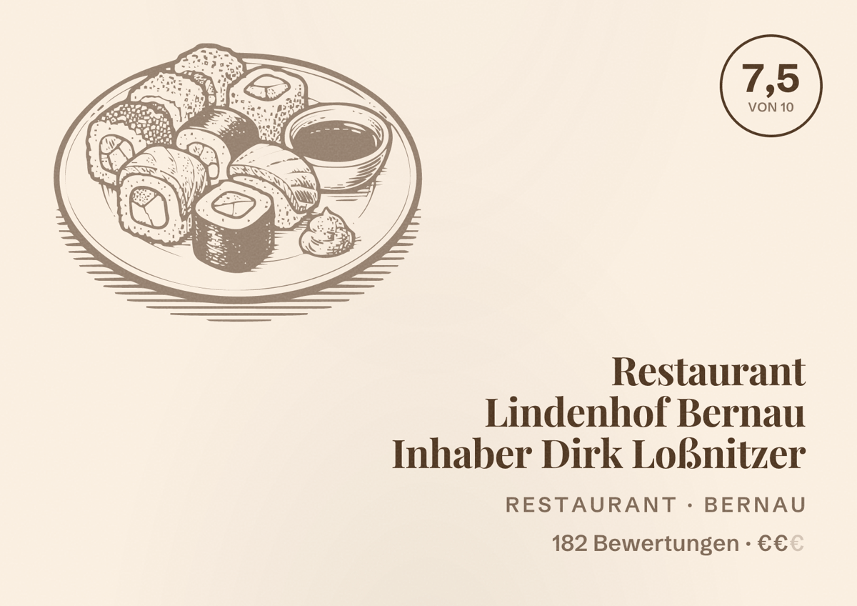Illustriertes Poster von Restaurant Lindenhof Bernau Inhaber Dirk Loßnitzer, Restaurant in Bernau: Bewertung 7,5 von 10 aus 182 Bewertungen, Preisniveau €€