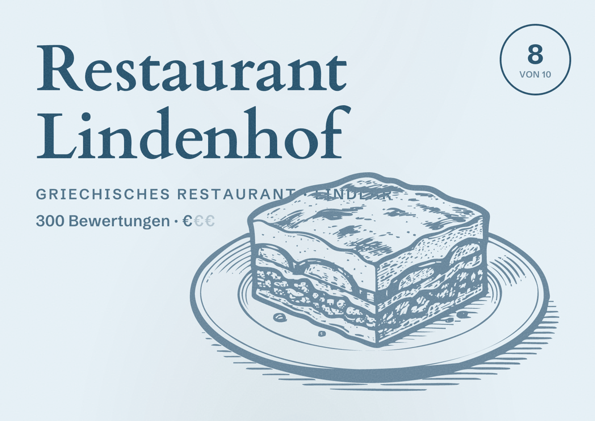 Illustriertes Poster von Restaurant Lindenhof, Griechisches Restaurant in Lindlar: Bewertung 8 von 10 aus 300 Bewertungen, Preisniveau €