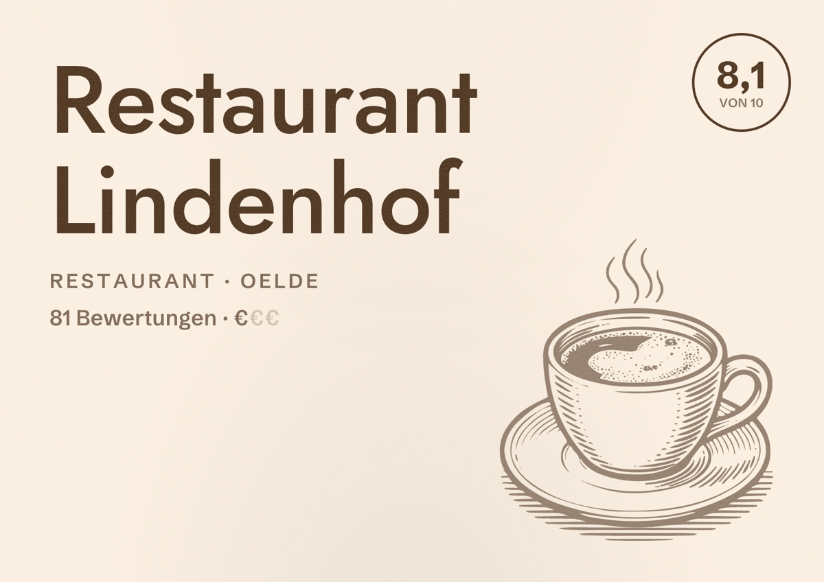 Illustriertes Poster von Restaurant Lindenhof, Restaurant in Oelde: Bewertung 8,1 von 10 aus 81 Bewertungen, Preisniveau €