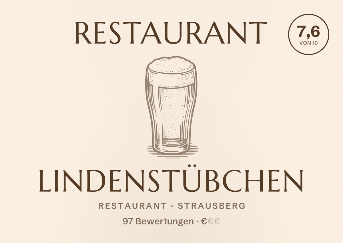 Illustriertes Poster von Restaurant Lindenstübchen, Restaurant in Strausberg: Bewertung 7,6 von 10 aus 97 Bewertungen, Preisniveau €