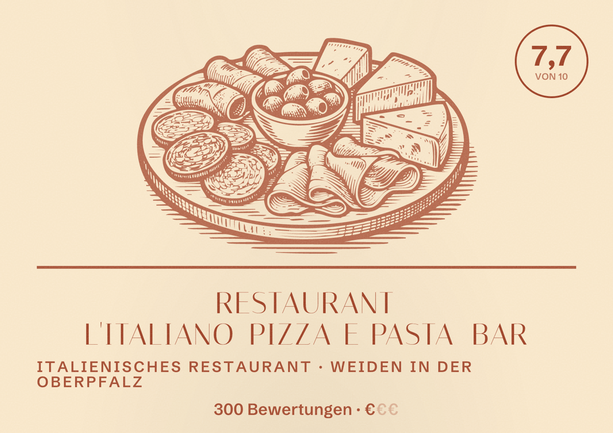 Illustriertes Poster von Restaurant L'italiano Pizza e Pasta Bar, Italienisches Restaurant in Weiden in der Oberpfalz: Bewertung 7,7 von 10 aus 300 Bewertungen, Preisniveau €