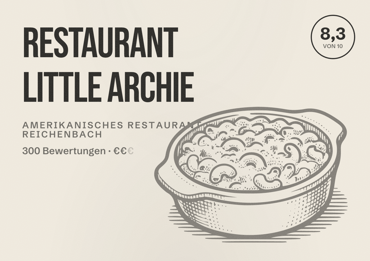 Illustriertes Poster von Restaurant little archie, Amerikanisches Restaurant in Reichenbach: Bewertung 8,3 von 10 aus 300 Bewertungen, Preisniveau €€