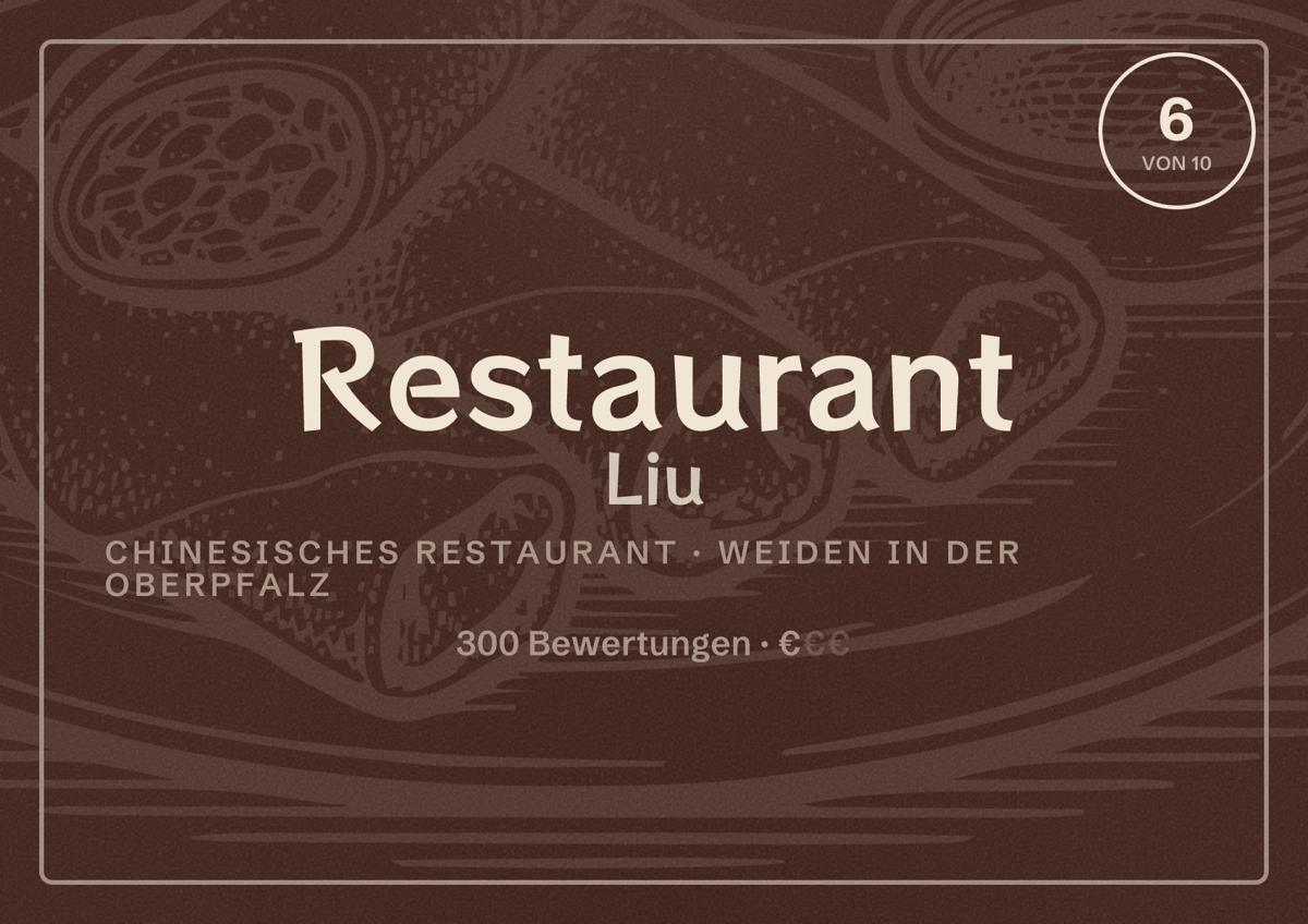 Illustriertes Poster von Restaurant Liu, Chinesisches Restaurant in Weiden in der Oberpfalz: Bewertung 6 von 10 aus 300 Bewertungen, Preisniveau €