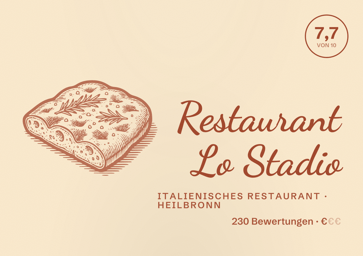 Illustriertes Poster von Restaurant Lo Stadio, Italienisches Restaurant in Heilbronn: Bewertung 7,7 von 10 aus 230 Bewertungen, Preisniveau €