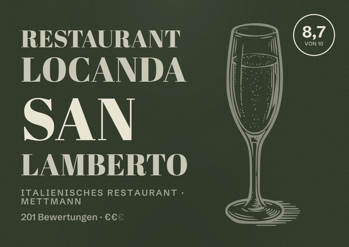 Illustriertes Poster von Restaurant Locanda San Lamberto, Italienisches Restaurant in Mettmann: Bewertung 8,7 von 10 aus 201 Bewertungen, Preisniveau €€