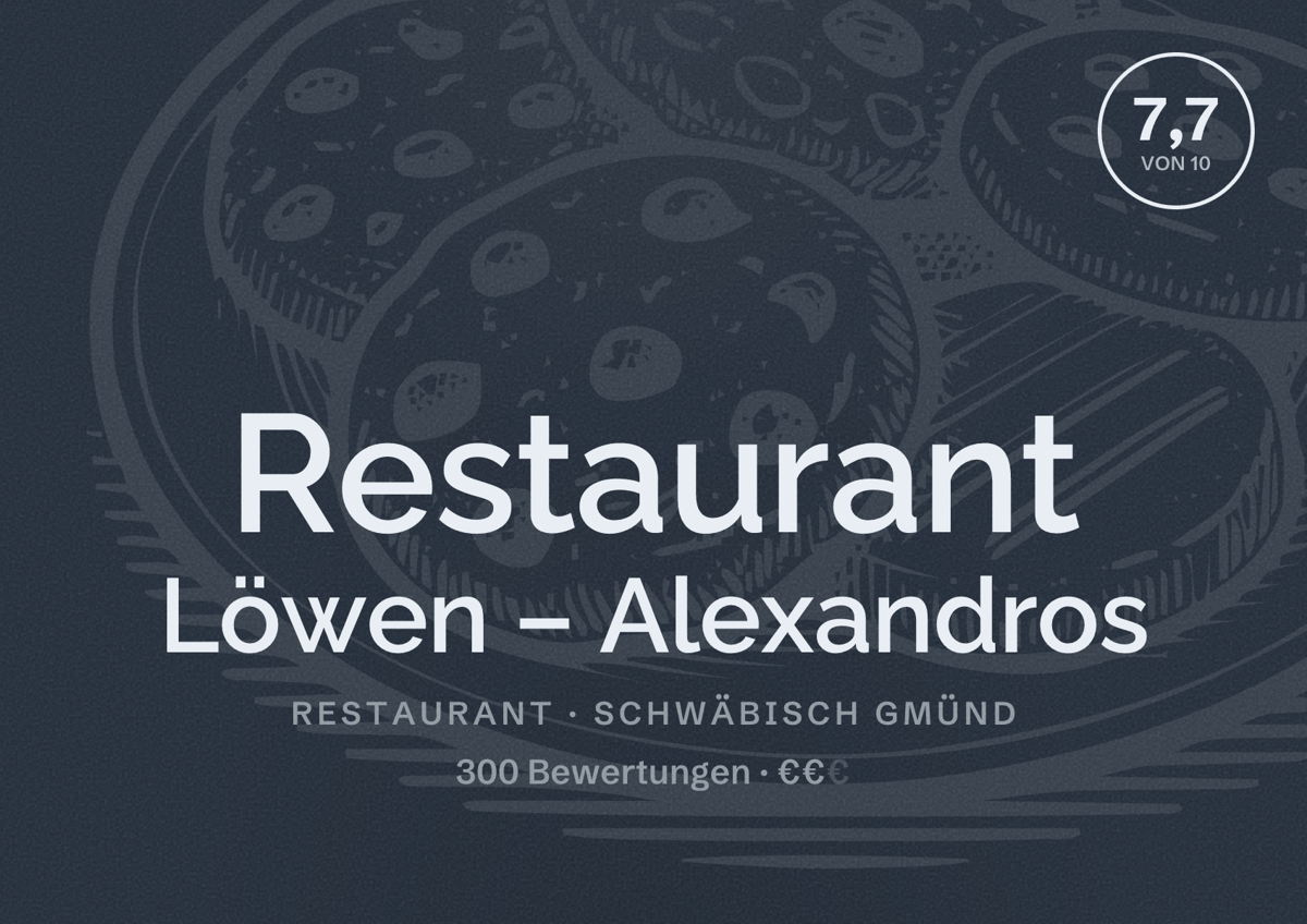 Illustriertes Poster von Restaurant Löwen – Alexandros, Restaurant in Schwäbisch Gmünd: Bewertung 7,7 von 10 aus 300 Bewertungen, Preisniveau €€