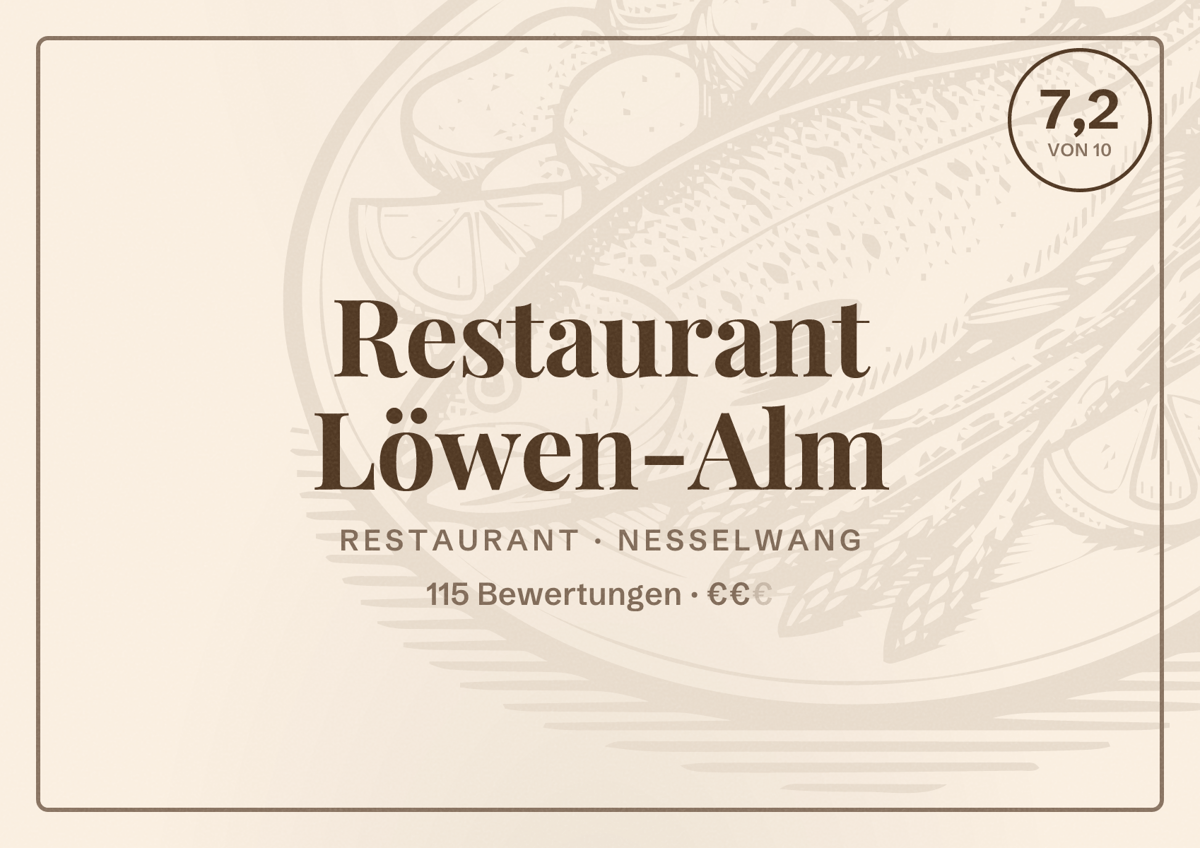 Illustriertes Poster von Restaurant Löwen-Alm, Restaurant in Nesselwang: Bewertung 7,2 von 10 aus 115 Bewertungen, Preisniveau €€