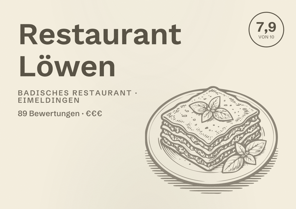 Illustriertes Poster von Restaurant Löwen, Badisches Restaurant in Eimeldingen: Bewertung 7,9 von 10 aus 89 Bewertungen, Preisniveau €€€