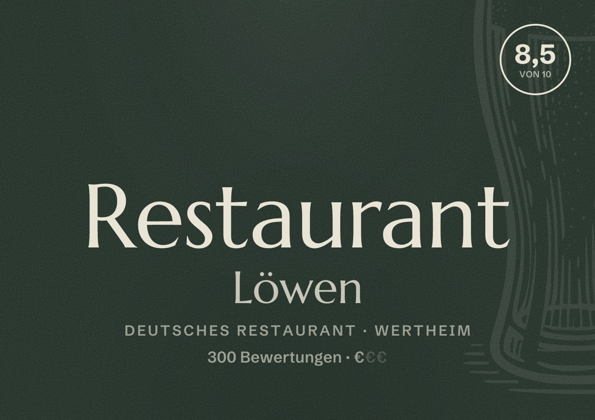 Illustriertes Poster von Restaurant Löwen, Deutsches Restaurant in Wertheim: Bewertung 8,5 von 10 aus 300 Bewertungen, Preisniveau €
