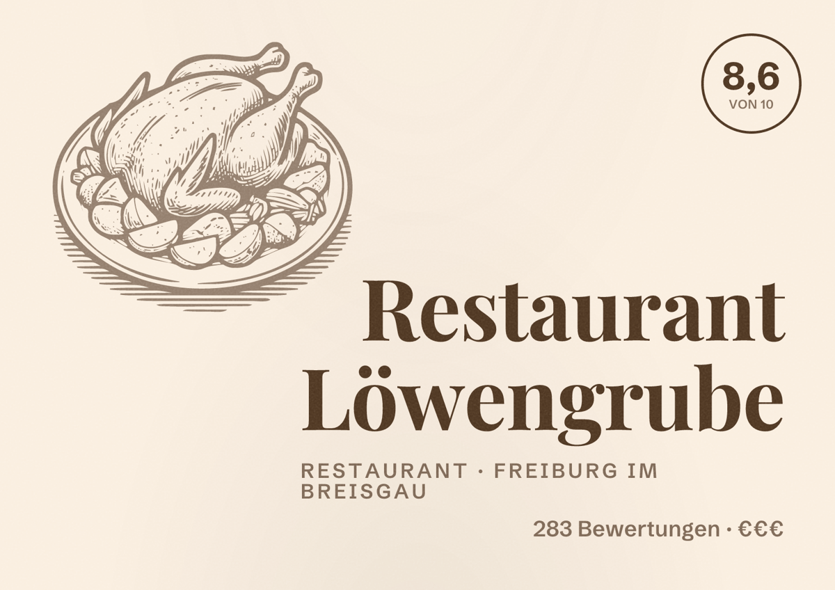 Illustriertes Poster von Restaurant Löwengrube, Restaurant in Freiburg im Breisgau: Bewertung 8,6 von 10 aus 283 Bewertungen, Preisniveau €€€