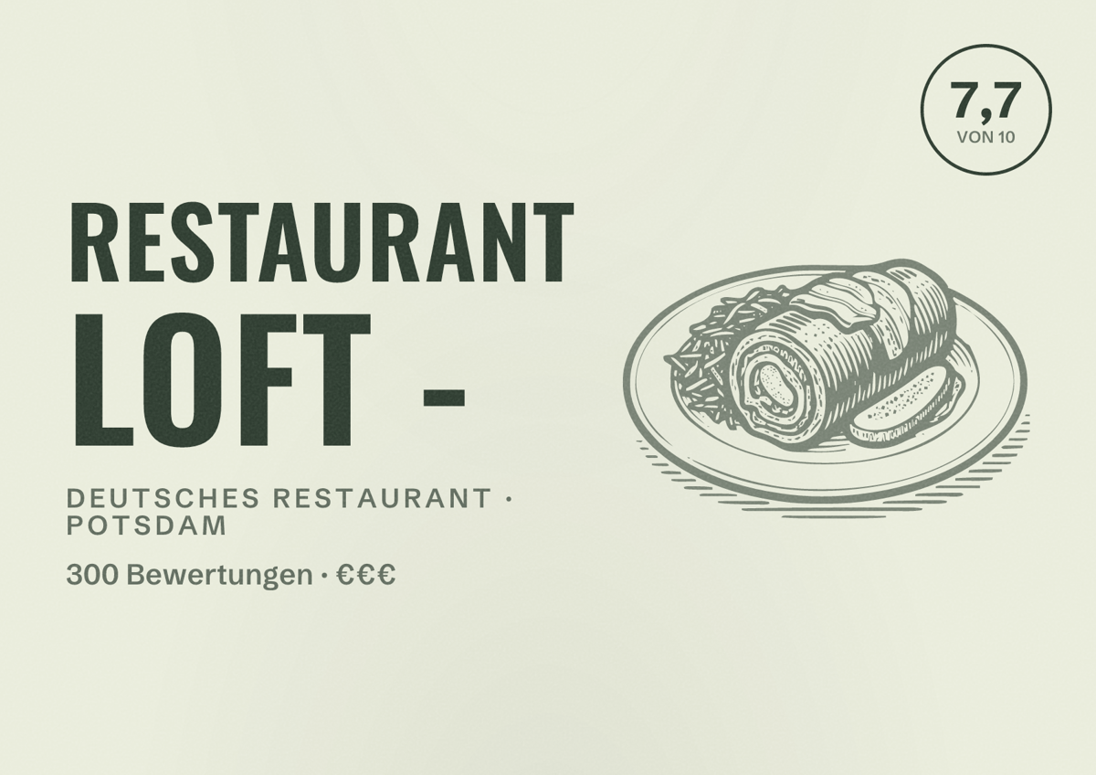 Illustriertes Poster von Restaurant Loft -, Deutsches Restaurant in Potsdam: Bewertung 7,7 von 10 aus 300 Bewertungen, Preisniveau €€€