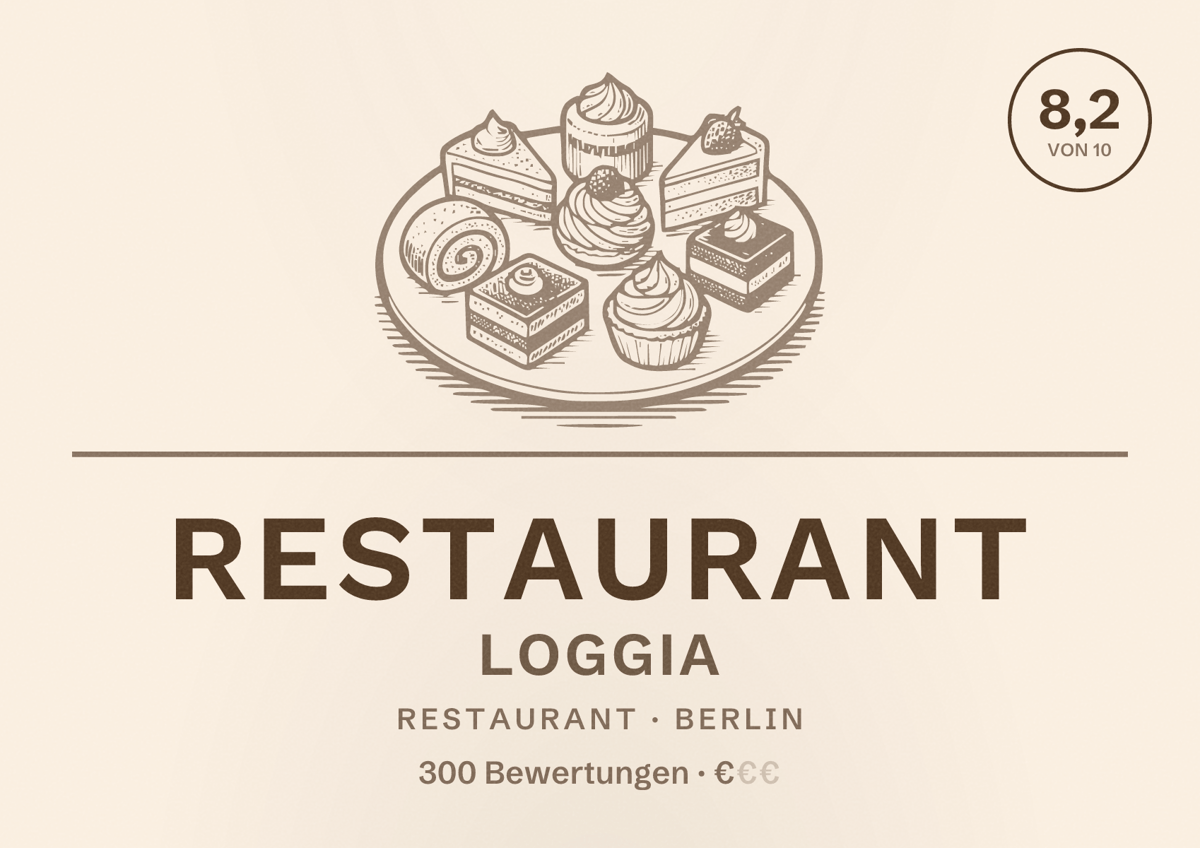 Illustriertes Poster von Restaurant Loggia, Restaurant in Berlin: Bewertung 8,2 von 10 aus 300 Bewertungen, Preisniveau €