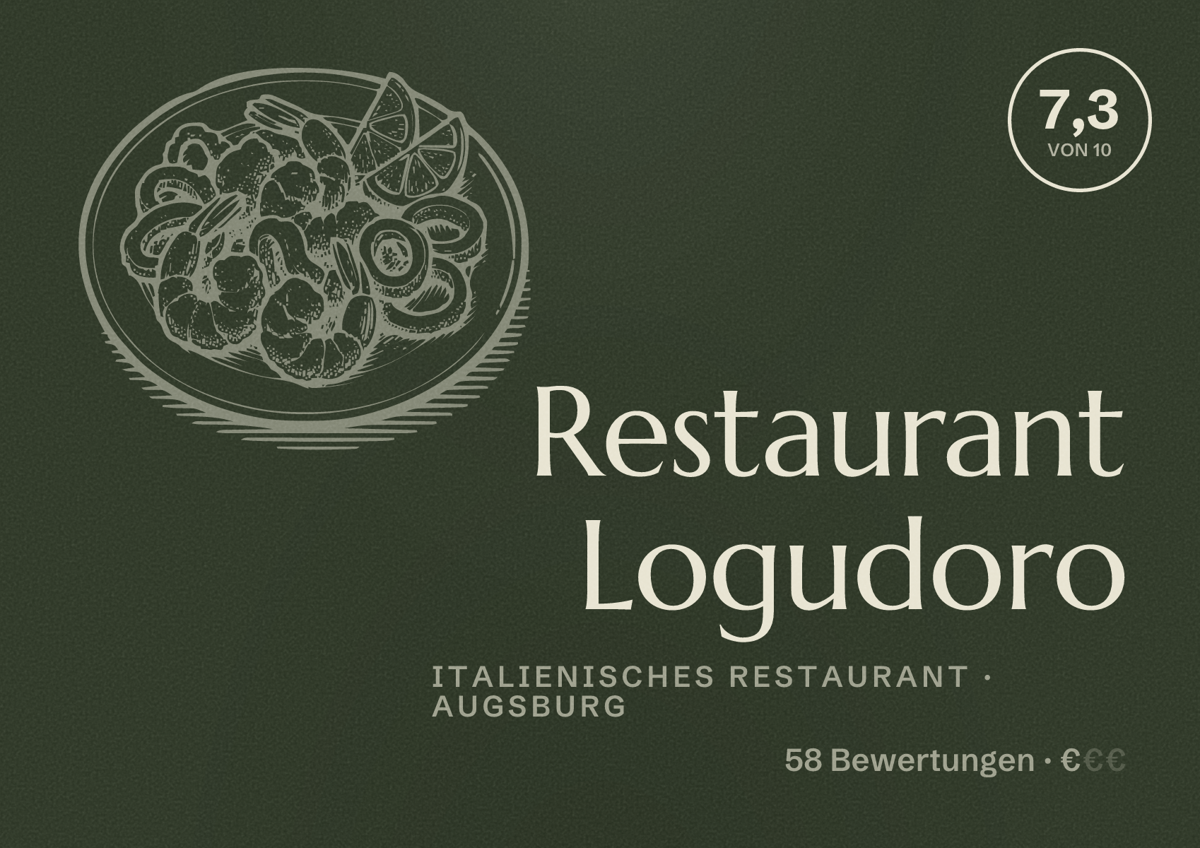 Illustriertes Poster von Restaurant Logudoro, Italienisches Restaurant in Augsburg: Bewertung 7,3 von 10 aus 58 Bewertungen, Preisniveau €