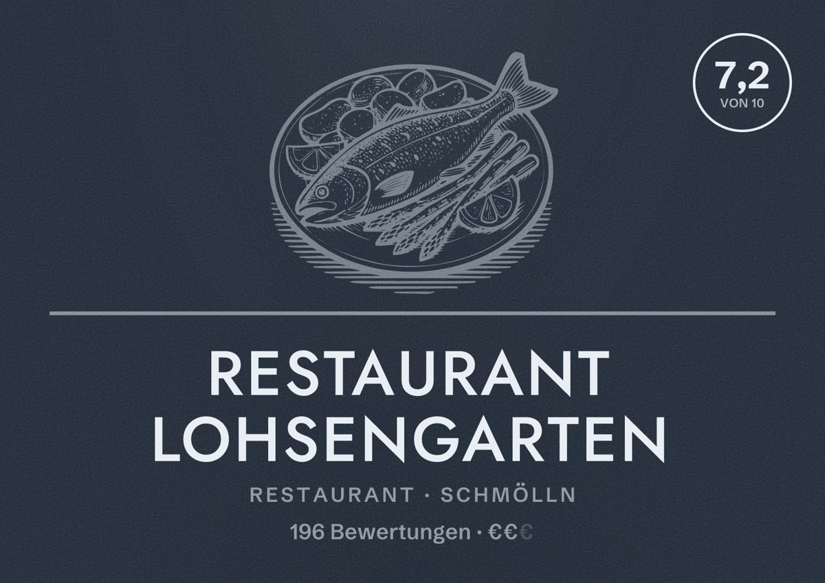 Illustriertes Poster von Restaurant Lohsengarten, Restaurant in Schmölln: Bewertung 7,2 von 10 aus 196 Bewertungen, Preisniveau €€