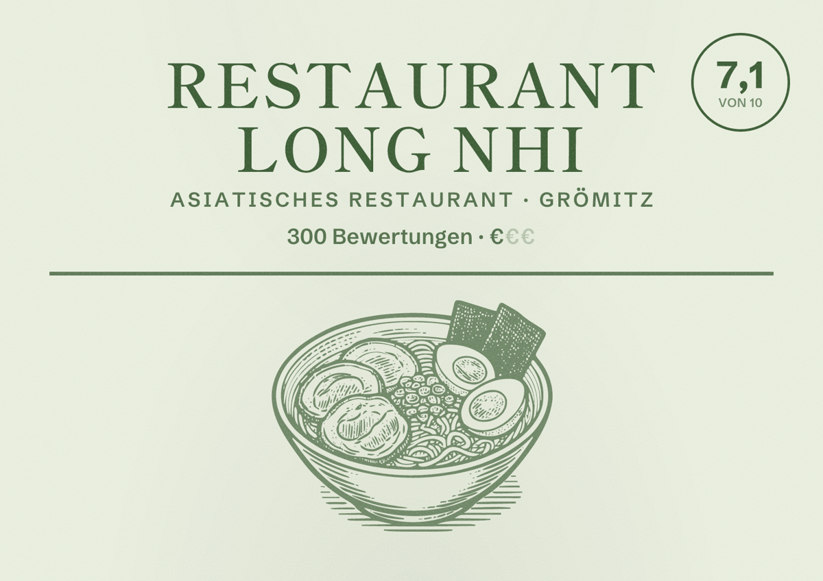 Illustriertes Poster von Restaurant Long Nhi, Asiatisches Restaurant in Grömitz: Bewertung 7,1 von 10 aus 300 Bewertungen, Preisniveau €