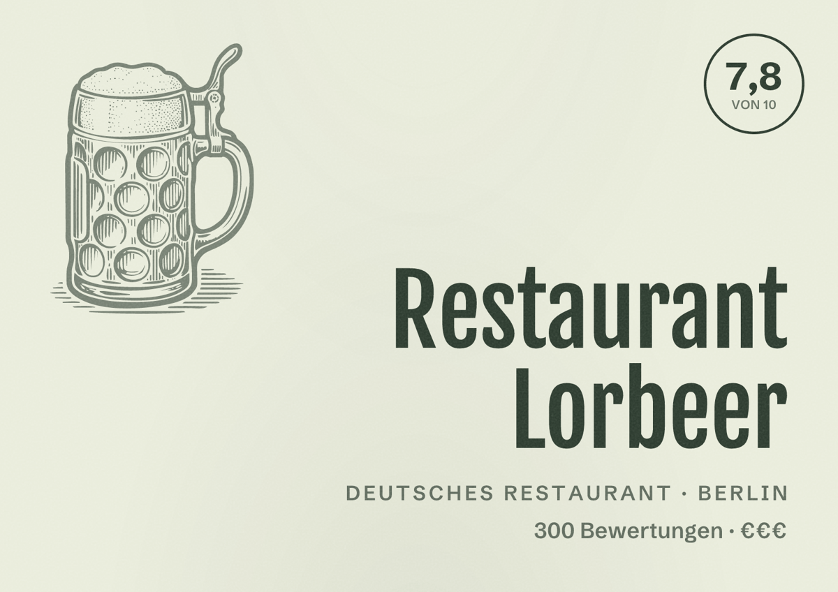 Illustriertes Poster von Restaurant Lorbeer, Deutsches Restaurant in Berlin: Bewertung 7,8 von 10 aus 300 Bewertungen, Preisniveau €€€