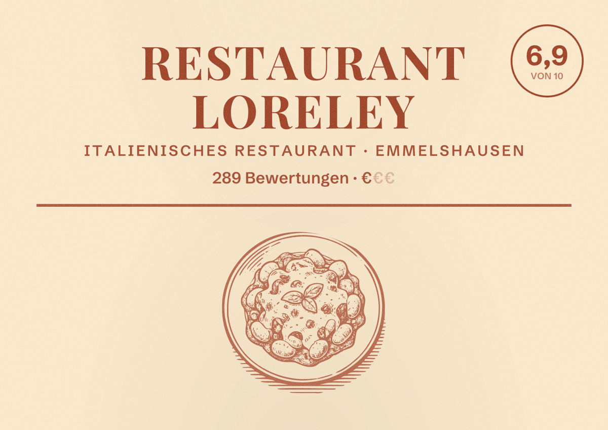 Illustriertes Poster von Restaurant Loreley, Italienisches Restaurant in Emmelshausen: Bewertung 6,9 von 10 aus 289 Bewertungen, Preisniveau €