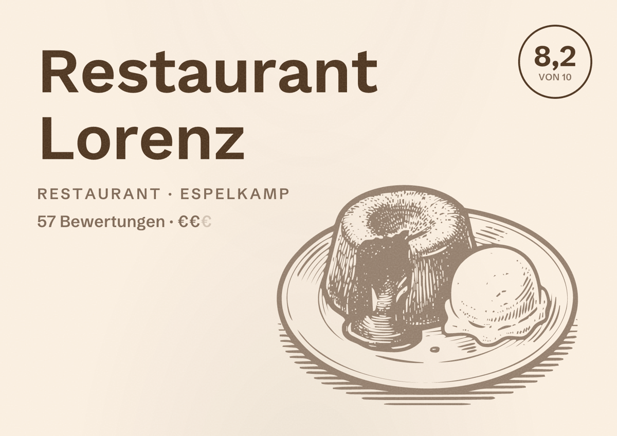 Illustriertes Poster von Restaurant Lorenz, Restaurant in Espelkamp: Bewertung 8,2 von 10 aus 57 Bewertungen, Preisniveau €€