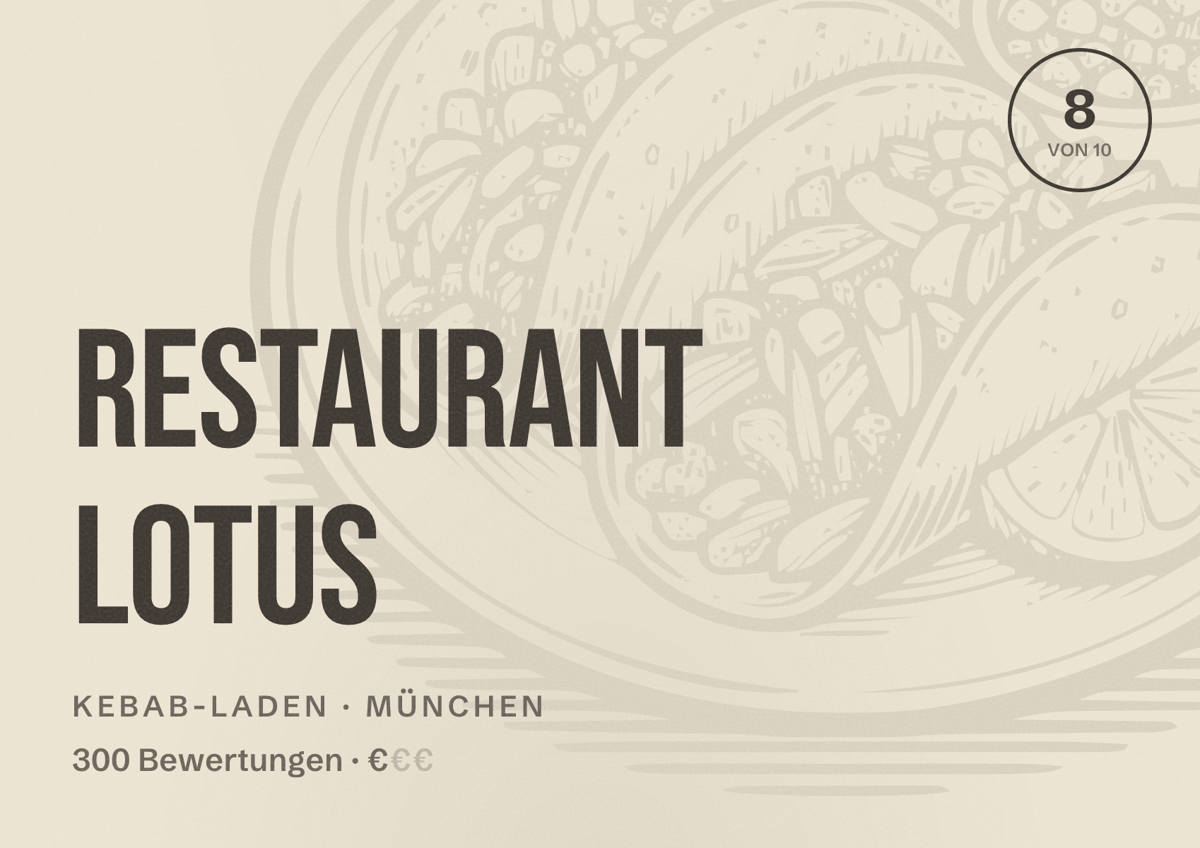 Illustriertes Poster von Restaurant Lotus, Kebab-Laden in München: Bewertung 8,0 von 10 aus 300 Bewertungen, Preisniveau €