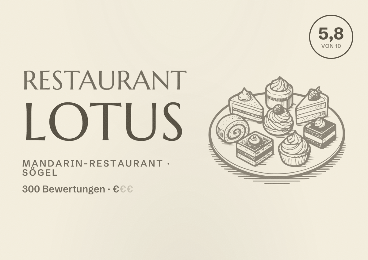 Illustriertes Poster von Restaurant Lotus, Mandarin-Restaurant in Sögel: Bewertung 5,8 von 10 aus 300 Bewertungen, Preisniveau €