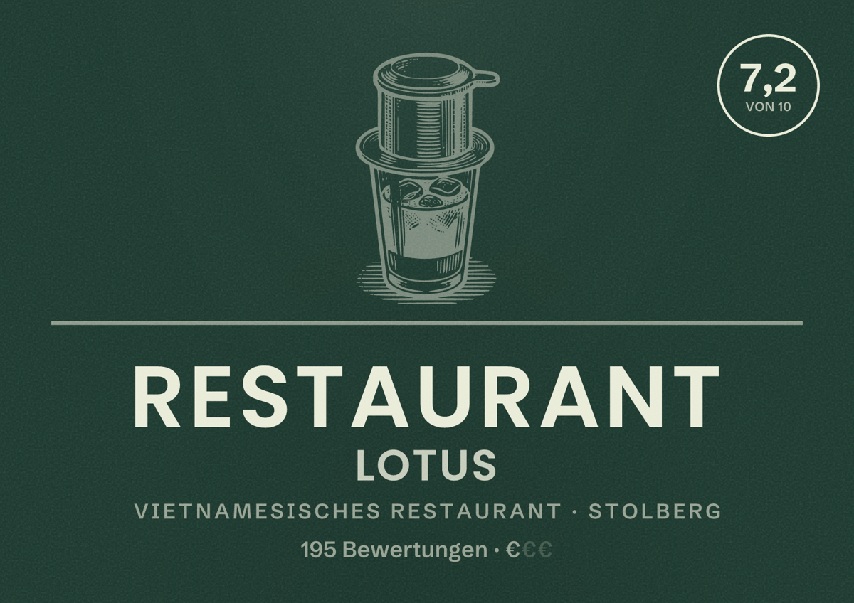 Illustriertes Poster von Restaurant Lotus, Vietnamesisches Restaurant in Stolberg: Bewertung 7,2 von 10 aus 195 Bewertungen, Preisniveau €