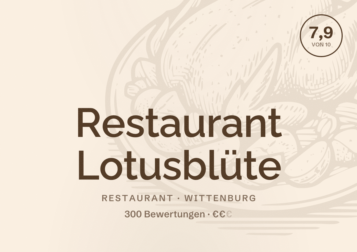 Illustriertes Poster von Restaurant Lotusblüte, Restaurant in Wittenburg: Bewertung 7,9 von 10 aus 300 Bewertungen, Preisniveau €€