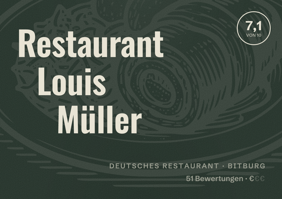 Illustriertes Poster von Restaurant Louis Müller, Deutsches Restaurant in Bitburg: Bewertung 7,1 von 10 aus 51 Bewertungen, Preisniveau €