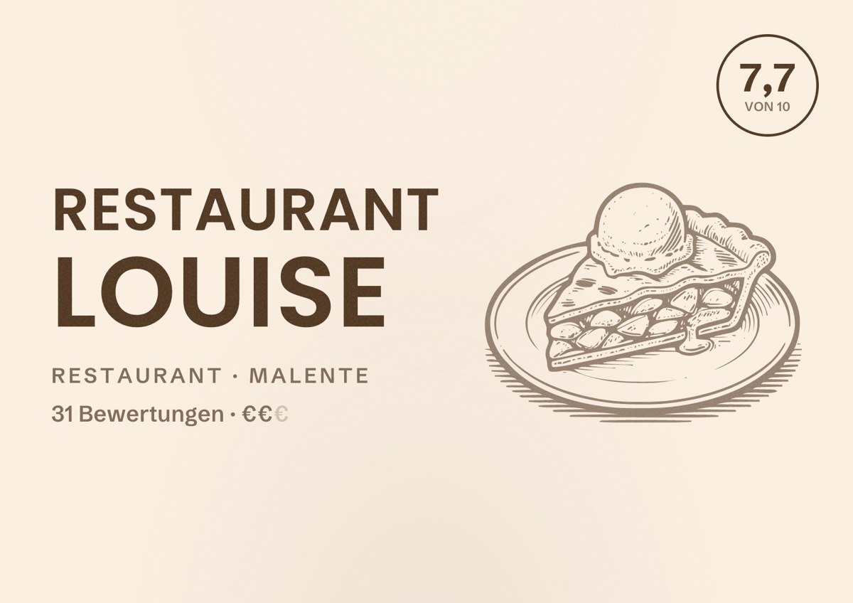 Illustriertes Poster von Restaurant Louise, Restaurant in Malente: Bewertung 7,7 von 10 aus 31 Bewertungen, Preisniveau €€