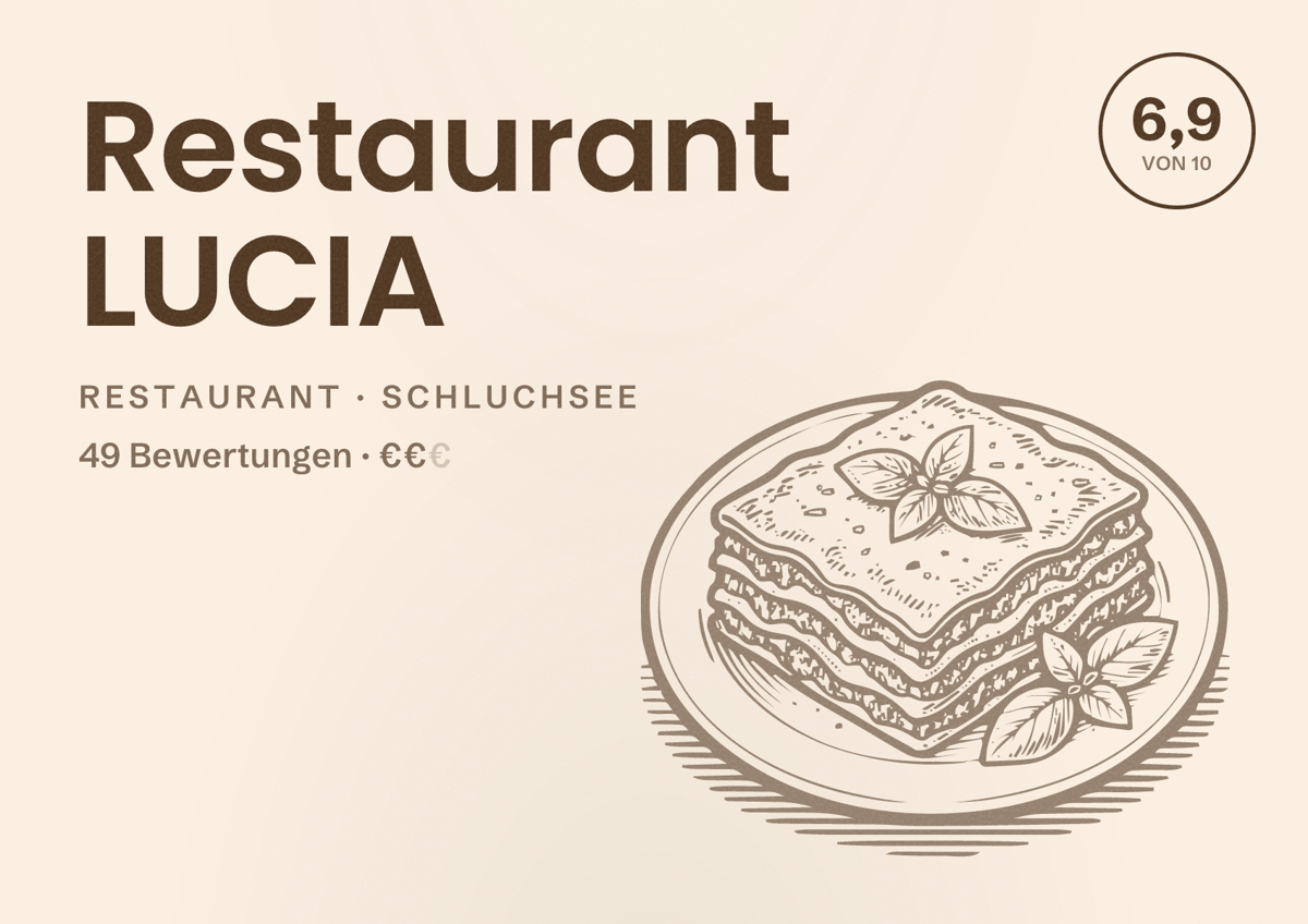 Illustriertes Poster von Restaurant LUCIA, Restaurant in Schluchsee: Bewertung 6,9 von 10 aus 49 Bewertungen, Preisniveau €€