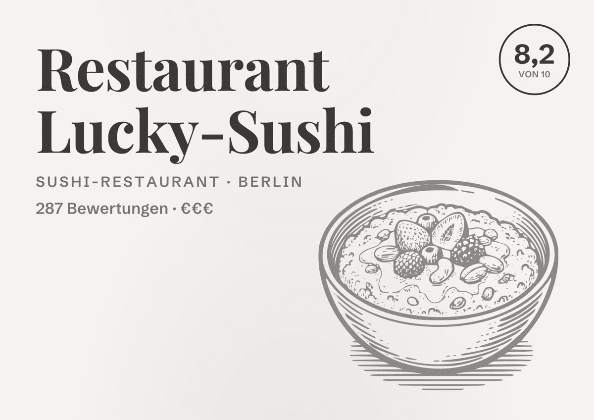 Illustriertes Poster von Restaurant Lucky-Sushi, Sushi-Restaurant in Berlin: Bewertung 8,2 von 10 aus 287 Bewertungen, Preisniveau €€€