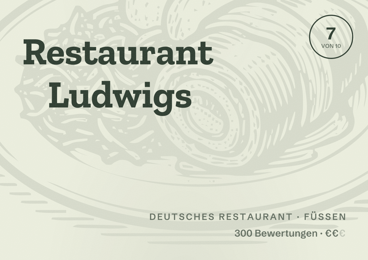 Illustriertes Poster von Restaurant Ludwigs, Deutsches Restaurant in Füssen: Bewertung 7 von 10 aus 300 Bewertungen, Preisniveau €€