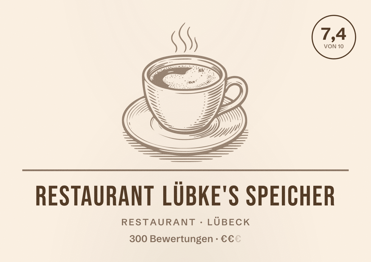 Illustriertes Poster von Restaurant Lübke's Speicher, Restaurant in Lübeck: Bewertung 7,4 von 10 aus 300 Bewertungen, Preisniveau €€