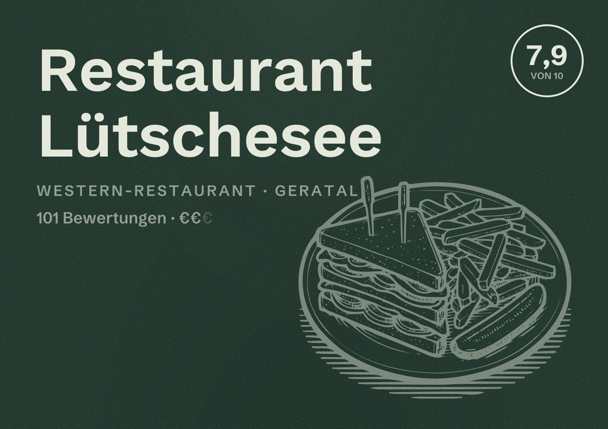 Illustriertes Poster von Restaurant Lütschesee, Western-Restaurant in Geratal: Bewertung 7,9 von 10 aus 101 Bewertungen, Preisniveau €€