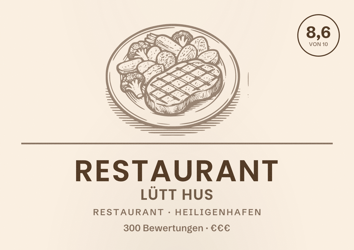 Illustriertes Poster von Restaurant Lütt Hus, Restaurant in Heiligenhafen: Bewertung 8,6 von 10 aus 300 Bewertungen, Preisniveau €€€