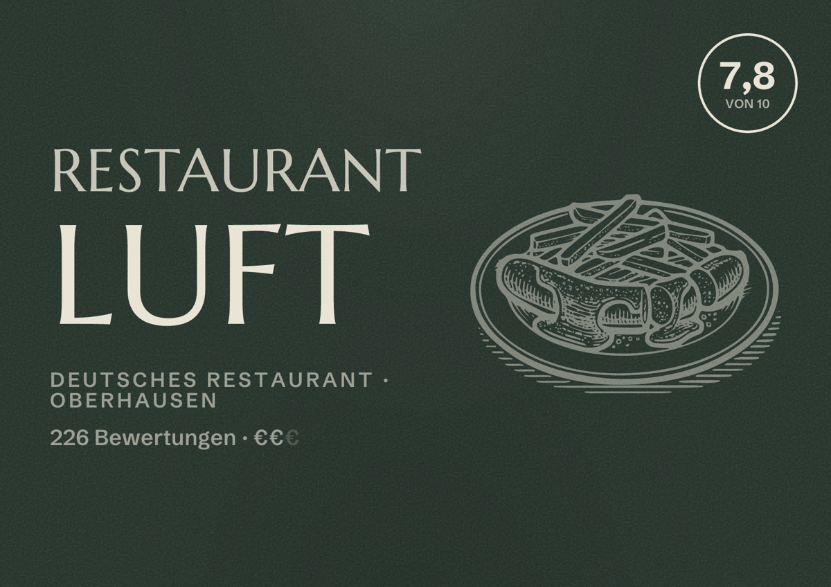 Illustriertes Poster von Restaurant Luft, Deutsches Restaurant in Oberhausen: Bewertung 7,8 von 10 aus 226 Bewertungen, Preisniveau €€