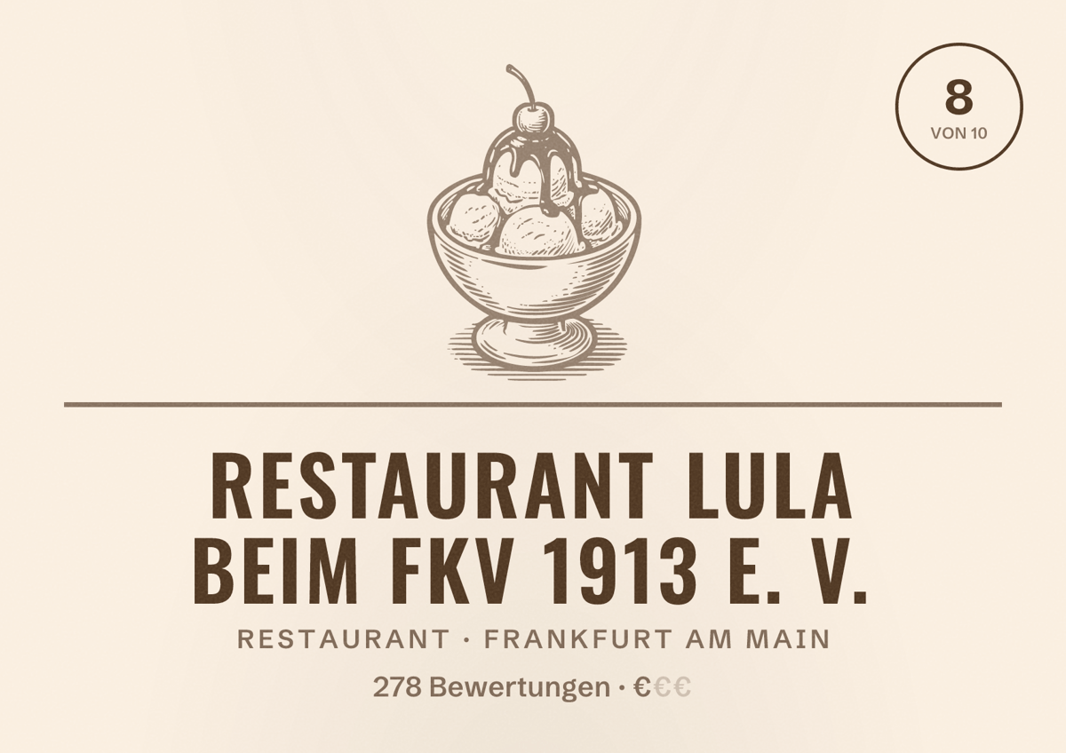 Illustriertes Poster von Restaurant Lula beim FKV 1913 e. V., Restaurant in Frankfurt am Main: Bewertung 8,0 von 10 aus 278 Bewertungen, Preisniveau €