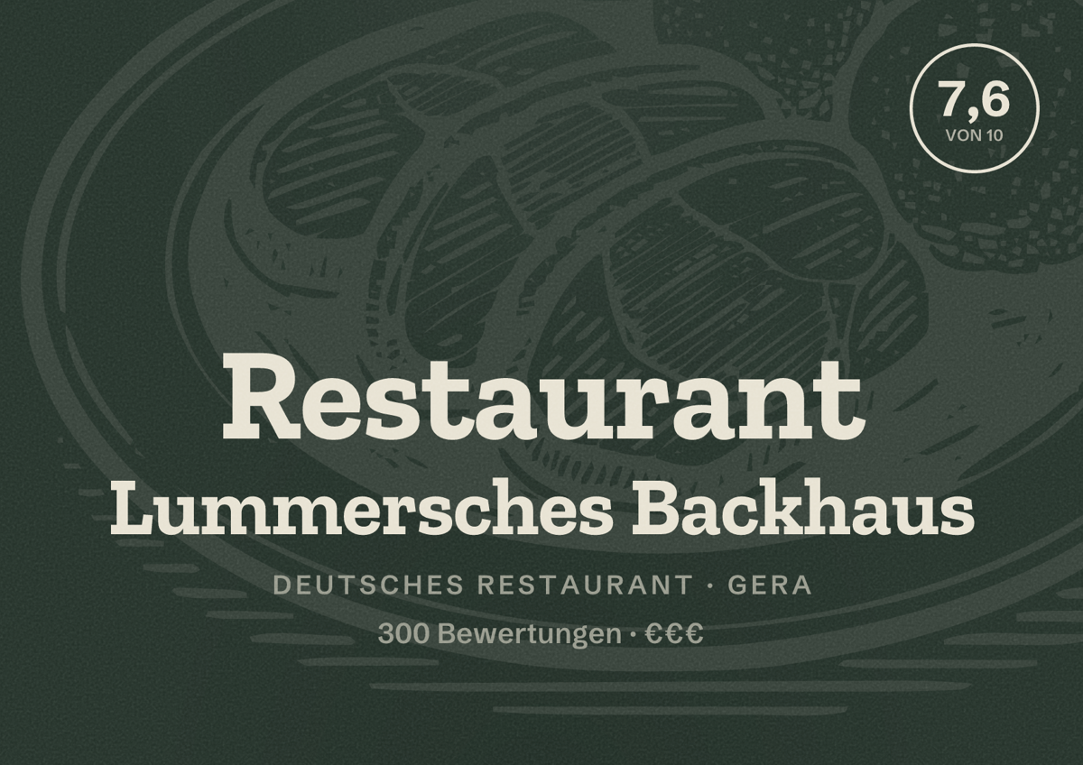 Illustriertes Poster von Restaurant Lummersches Backhaus, Deutsches Restaurant in Gera: Bewertung 7,6 von 10 aus 300 Bewertungen, Preisniveau €€€