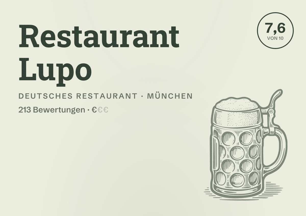 Illustriertes Poster von Restaurant Lupo, Deutsches Restaurant in München: Bewertung 7,6 von 10 aus 213 Bewertungen, Preisniveau €