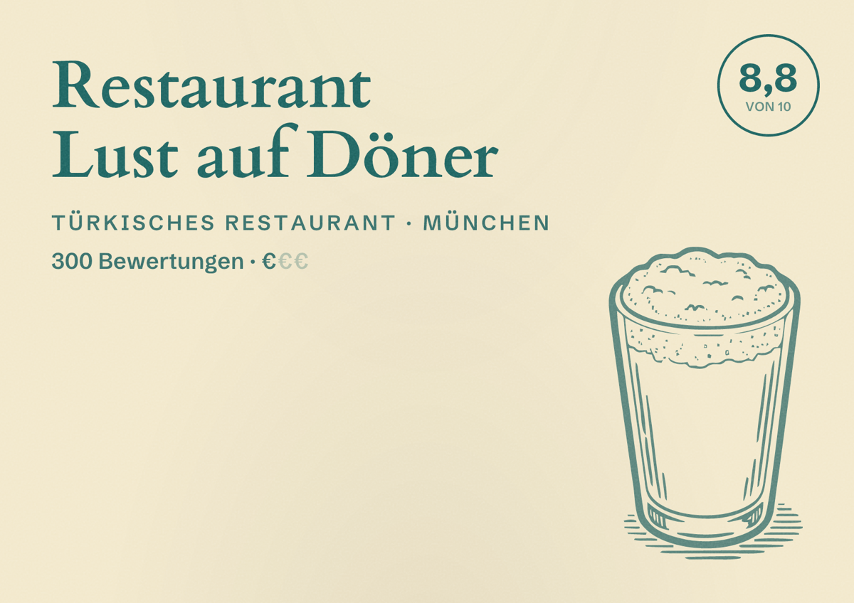 Illustriertes Poster von Restaurant Lust auf Döner, Türkisches Restaurant in München: Bewertung 8,8 von 10 aus 300 Bewertungen, Preisniveau €