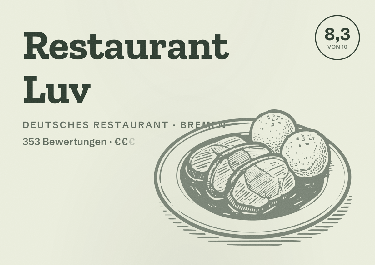 Illustriertes Poster von Restaurant Luv, Deutsches Restaurant in Bremen: Bewertung 8,3 von 10 aus 353 Bewertungen, Preisniveau €€